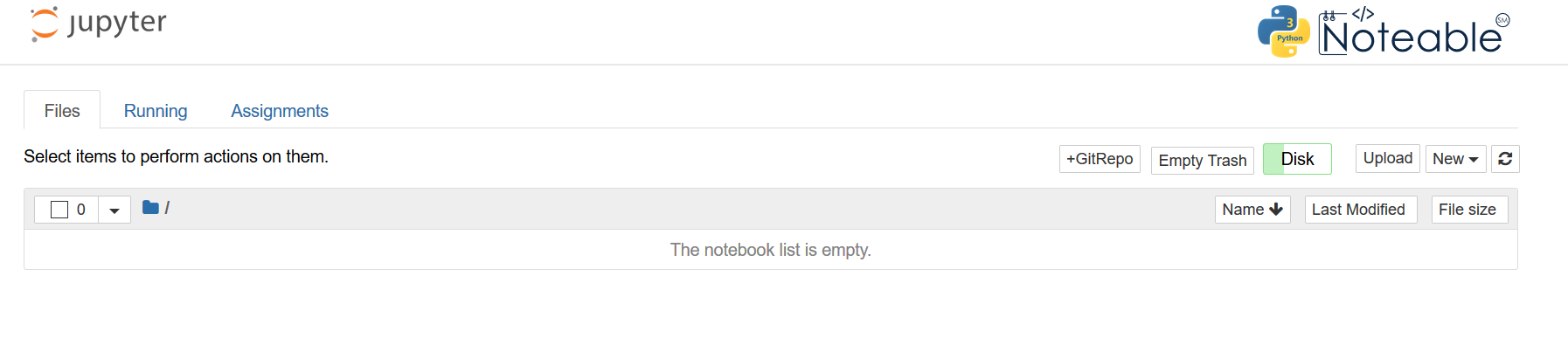 Screenshot of Noteable's launch page after starting up a notebook server